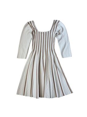 Venus Striped Fine Knit Fit and Flare Dress Long Sleeve Square Neck Neutrals